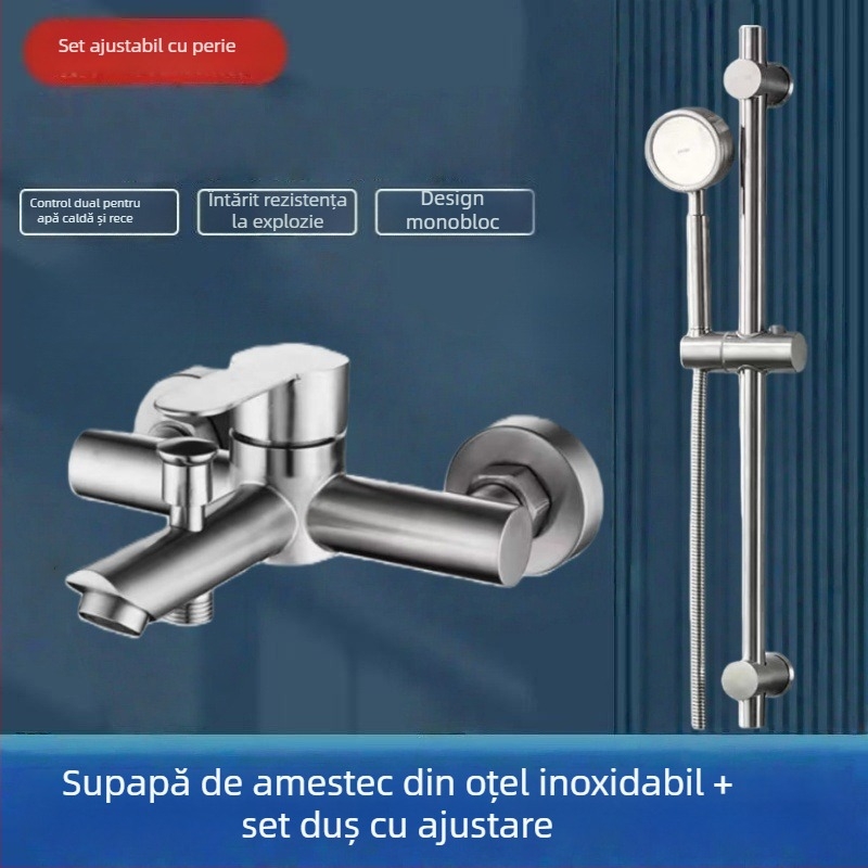 Set de duș încastrat din oțel inoxidabil 304, duză de pulverizare rotativă, economie de apă, control dual cald/rece, întrerupere apă cu un singur apăs, 0–90°C
