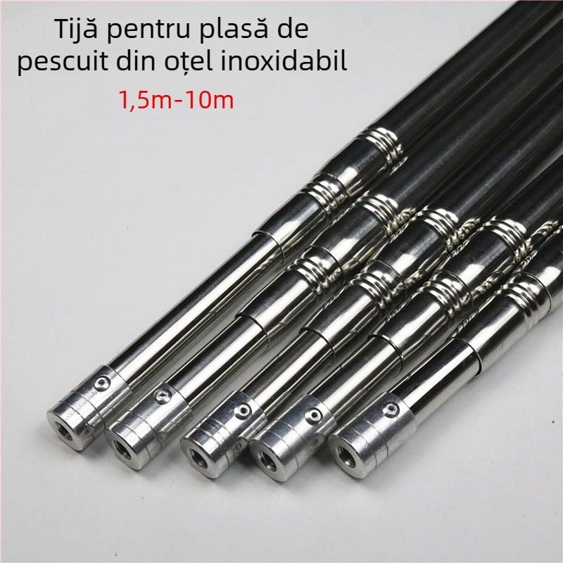 Tijă din oțel inoxidabil, extensibilă, cu textură reliefată, pentru pescuit și culesul fructelor, 1,5–10 m, poziționare reglabilă a plasei pentru capturi mari