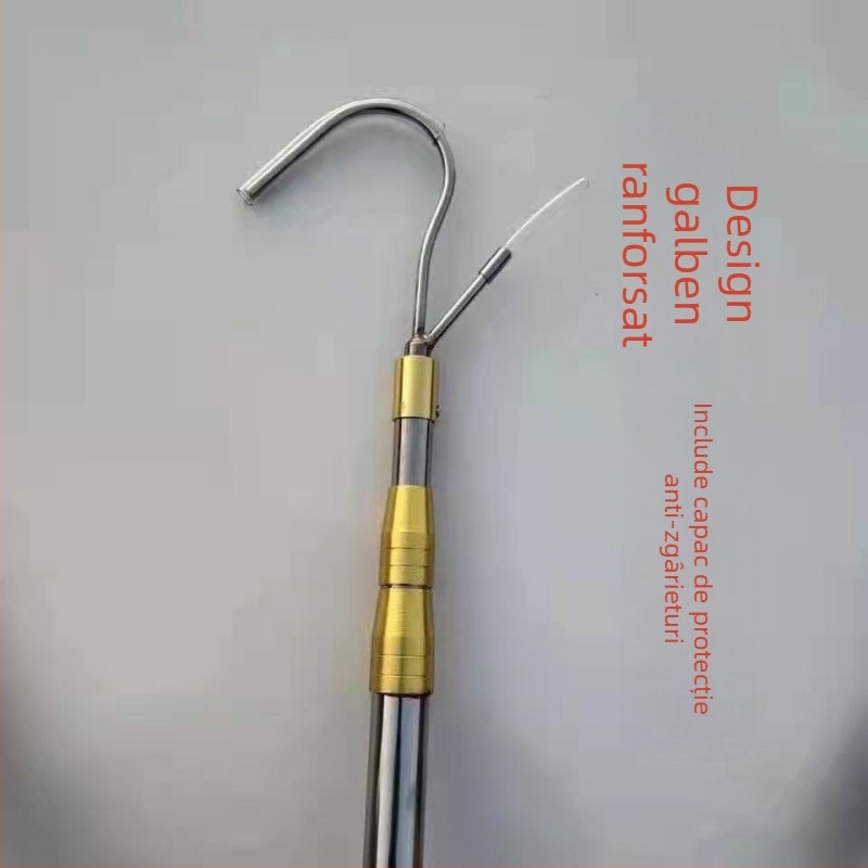 Țeavă telescopică din oțel inoxidabil, gravură în relief, cu cârlig simplu fără vârf și cârlig în formă de furcă pentru plasă, gravură albă