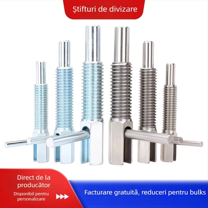 Pin de indexare, tip L, extins, cu filet gros, plunjer cu buton și arc