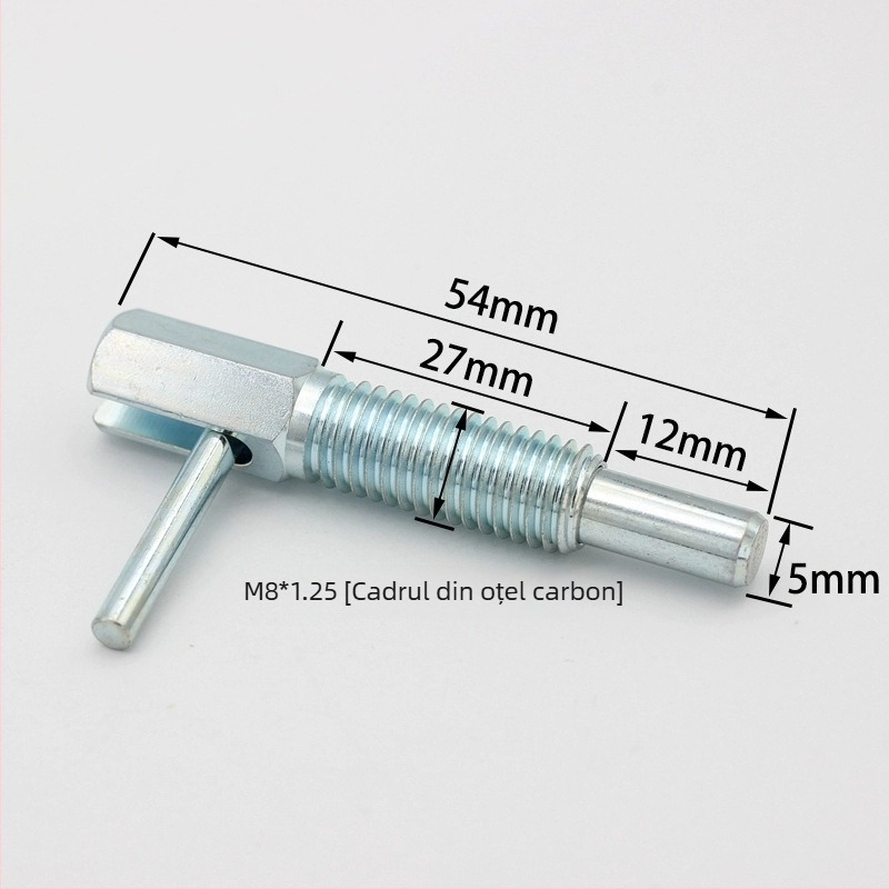 Pin de indexare, tip L, extins, cu filet gros, plunjer cu buton și arc