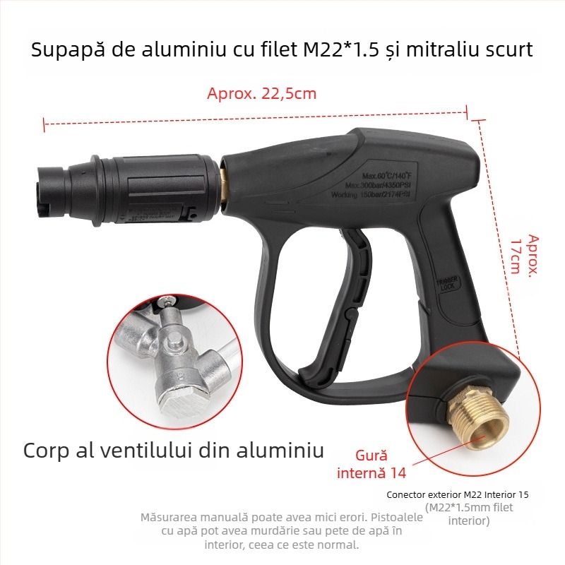 Cap de pistol pentru spălat mașini cu presiune înaltă, tip 380/58, mâner din plastic, greutate 250 g