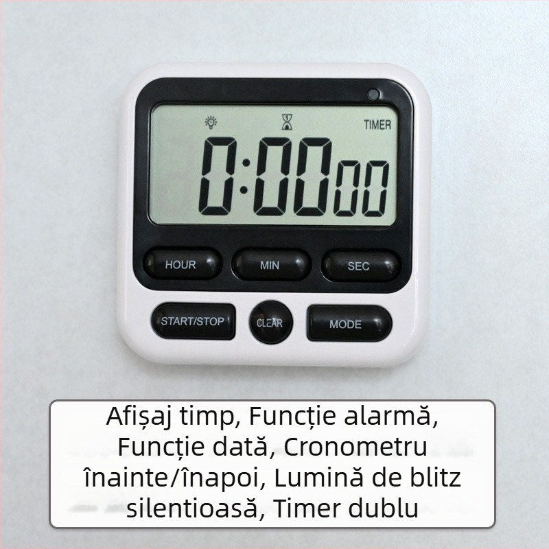 Cronometru pentru bucătărie cu alarmă, afișaj LCD digital, mecanism electronic, carcasă pătrată din ABS, alimentare cu baterii