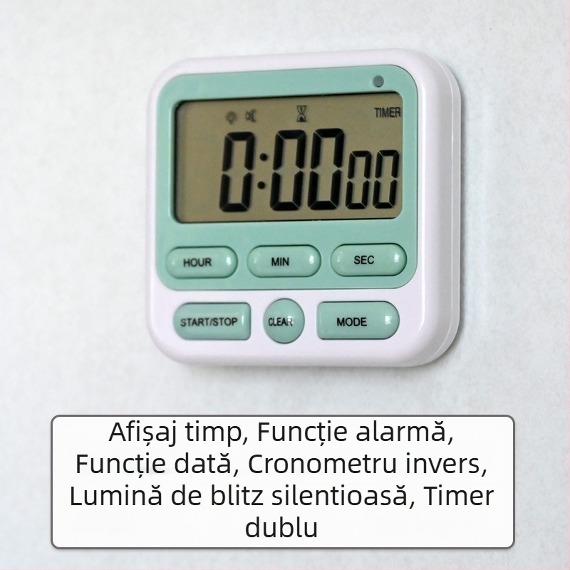 Cronometru pentru bucătărie cu alarmă, afișaj LCD digital, mecanism electronic, carcasă pătrată din ABS, alimentare cu baterii