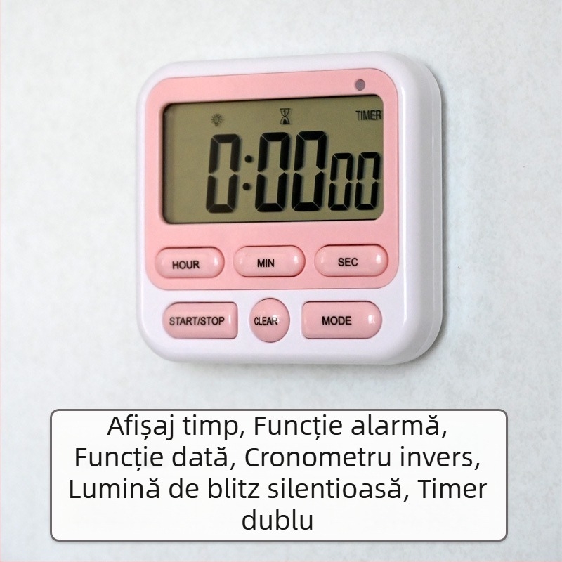 Cronometru pentru bucătărie cu alarmă, afișaj LCD digital, mecanism electronic, carcasă pătrată din ABS, alimentare cu baterii
