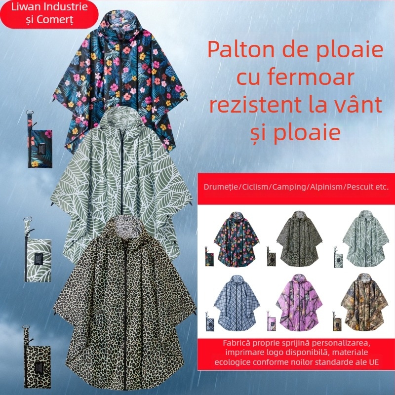 Pelerină de ploaie cu fermoar, țesătură din taftă poliester, strat impermeabil Pu adeziv, poncho de drumeție pentru adulți, potrivit pentru drumeții, călătorii, ciclism
