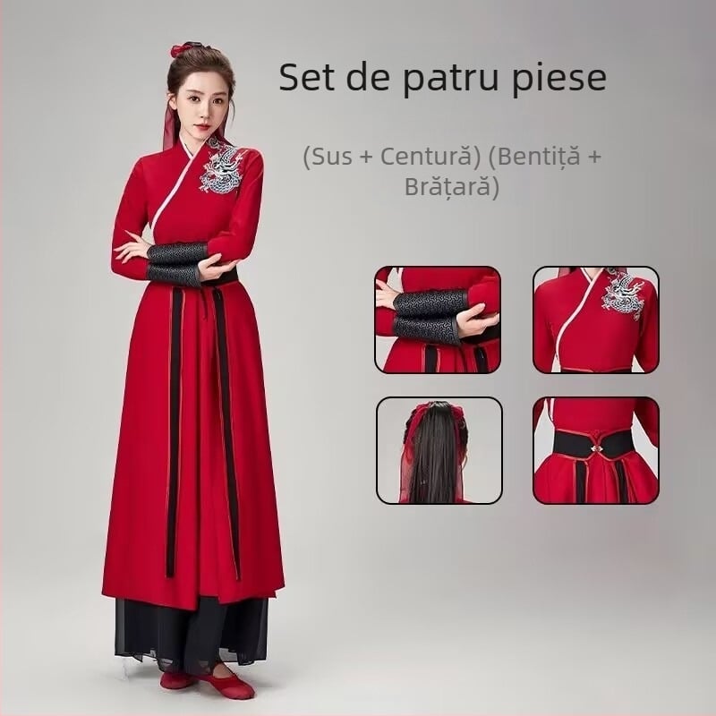 Costum clasic de dans chinezesc pentru reprezentație cu evantai – Unisex, chiffon, poliester 70–80% + bumbac organic 30–50%, dans etnic, primăvara 2025