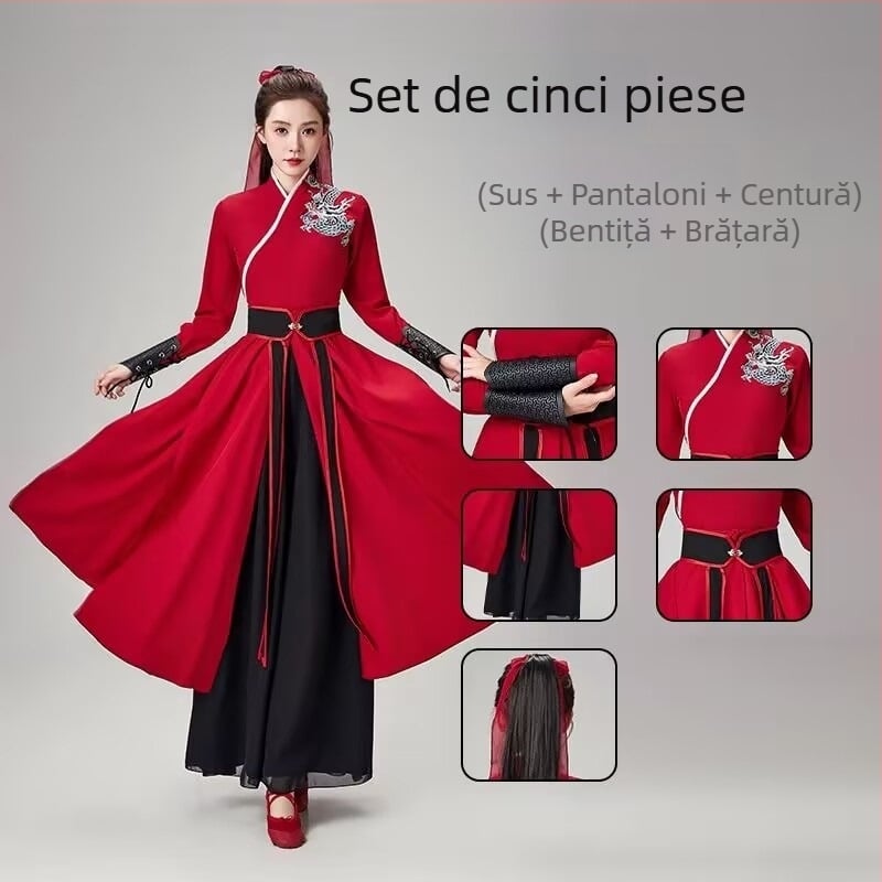 Costum clasic de dans chinezesc pentru reprezentație cu evantai – Unisex, chiffon, poliester 70–80% + bumbac organic 30–50%, dans etnic, primăvara 2025