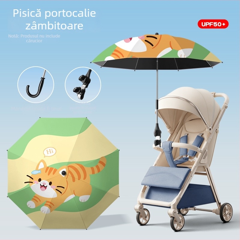 Umbrelă pentru căruciorul bebelușului, pentru soare și ploaie, pliabilă, cu 8 brațe, deschidere/închidere manuală