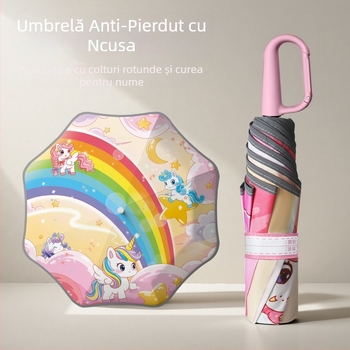 Umbrelă pentru copii cu design animat și colțuri rotunjite, cataramă pentru nume și geantă pentru umbrelă, bandă reflectorizantă de siguranță (deschidere manuală; 8 spițe; trei secțiuni; material din țesătură de impact; mâner din aluminiu)