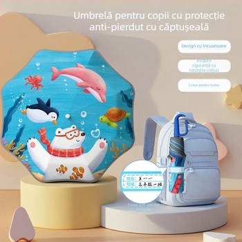 Umbrelă pentru copii cu design animat și colțuri rotunjite, cataramă pentru nume și geantă pentru umbrelă, bandă reflectorizantă de siguranță (deschidere manuală; 8 spițe; trei secțiuni; material din țesătură de impact; mâner din aluminiu)