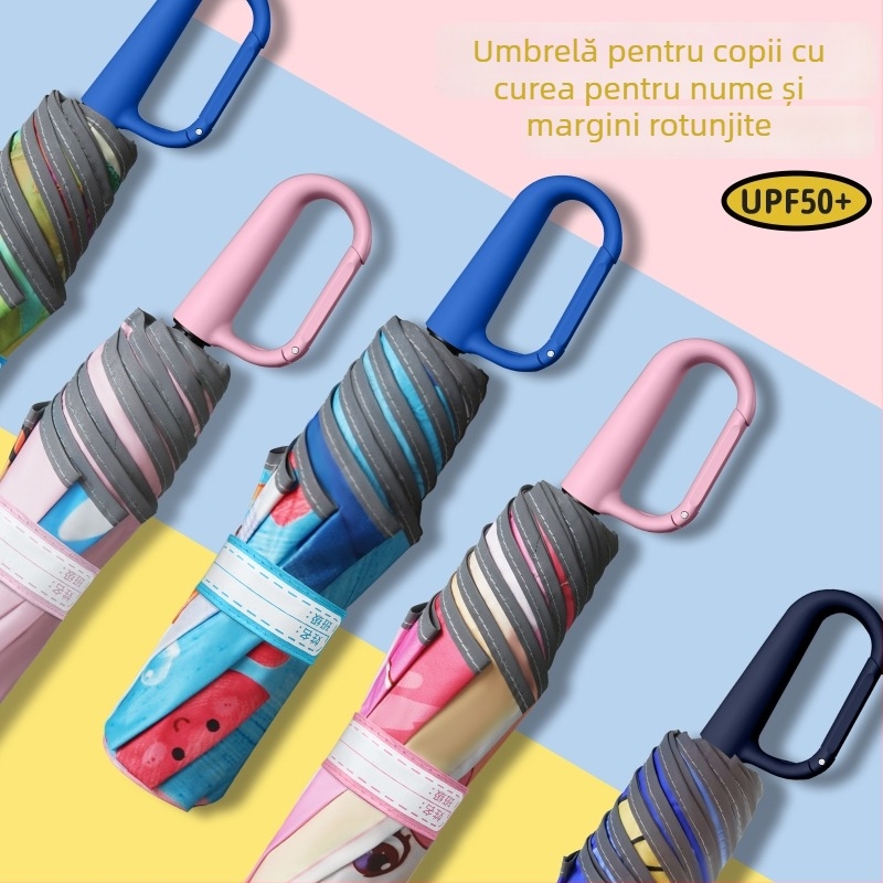 Umbrelă pentru copii cu design animat și colțuri rotunjite, cataramă pentru nume și geantă pentru umbrelă, bandă reflectorizantă de siguranță (deschidere manuală; 8 spițe; trei secțiuni; material din țesătură de impact; mâner din aluminiu)