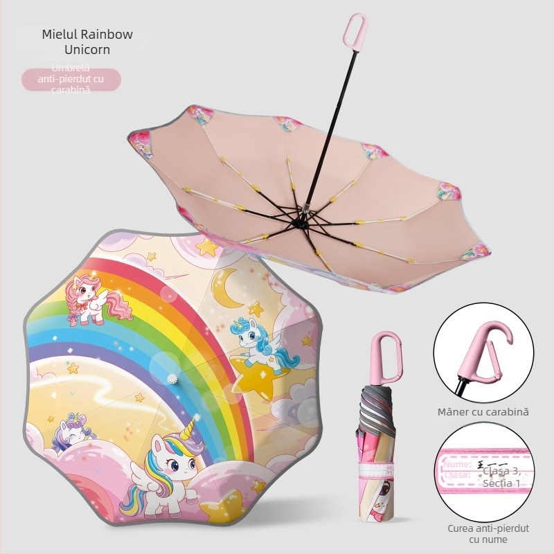 Umbrelă pentru copii cu design animat și colțuri rotunjite, cataramă pentru nume și geantă pentru umbrelă, bandă reflectorizantă de siguranță (deschidere manuală; 8 spițe; trei secțiuni; material din țesătură de impact; mâner din aluminiu)