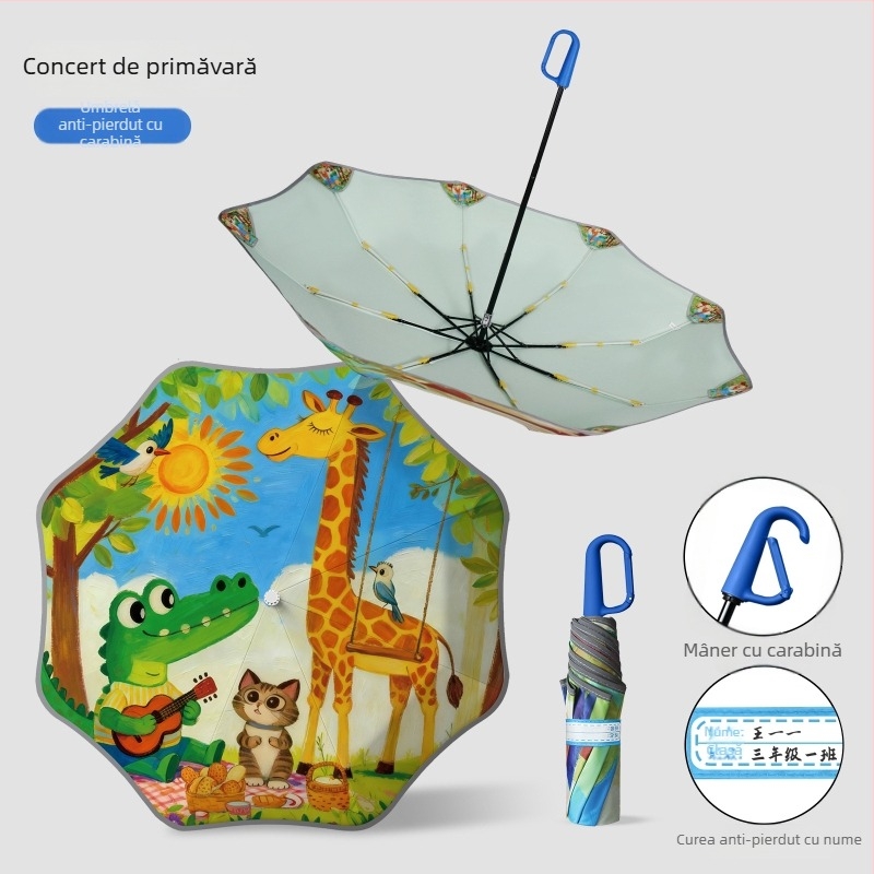 Umbrelă pentru copii cu design animat și colțuri rotunjite, cataramă pentru nume și geantă pentru umbrelă, bandă reflectorizantă de siguranță (deschidere manuală; 8 spițe; trei secțiuni; material din țesătură de impact; mâner din aluminiu)