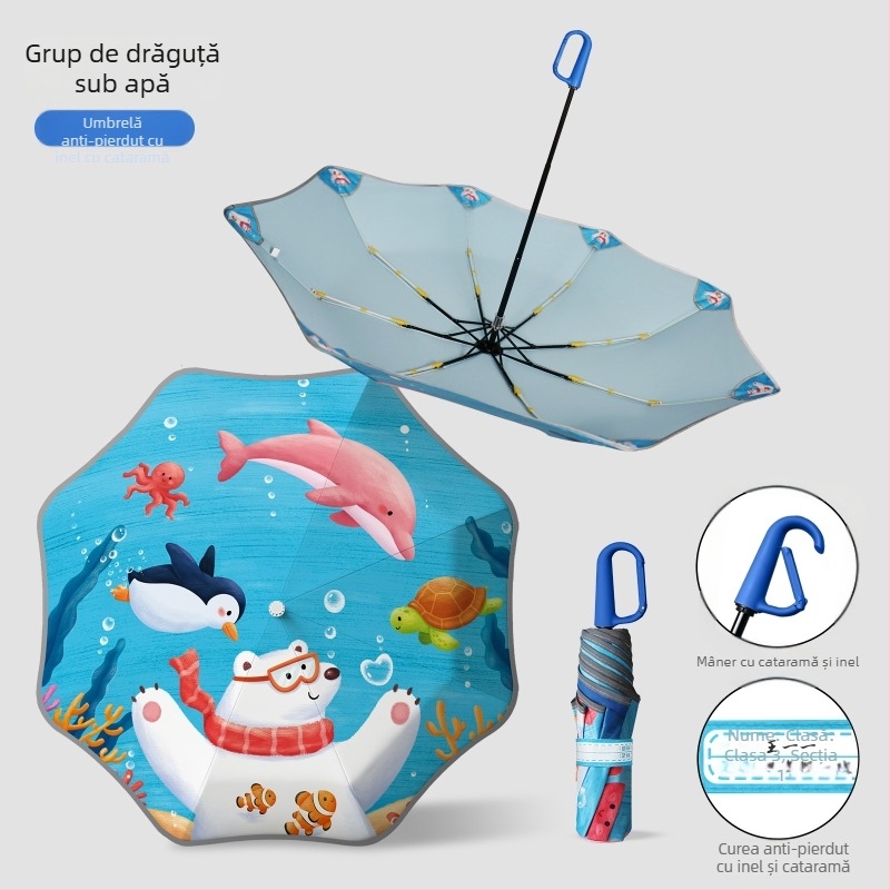 Umbrelă pentru copii cu design animat și colțuri rotunjite, cataramă pentru nume și geantă pentru umbrelă, bandă reflectorizantă de siguranță (deschidere manuală; 8 spițe; trei secțiuni; material din țesătură de impact; mâner din aluminiu)