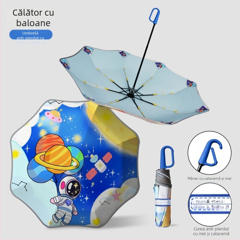 Umbrelă pentru copii cu design animat și colțuri rotunjite, cataramă pentru nume și geantă pentru umbrelă, bandă reflectorizantă de siguranță (deschidere manuală; 8 spițe; trei secțiuni; material din țesătură de impact; mâner din aluminiu)