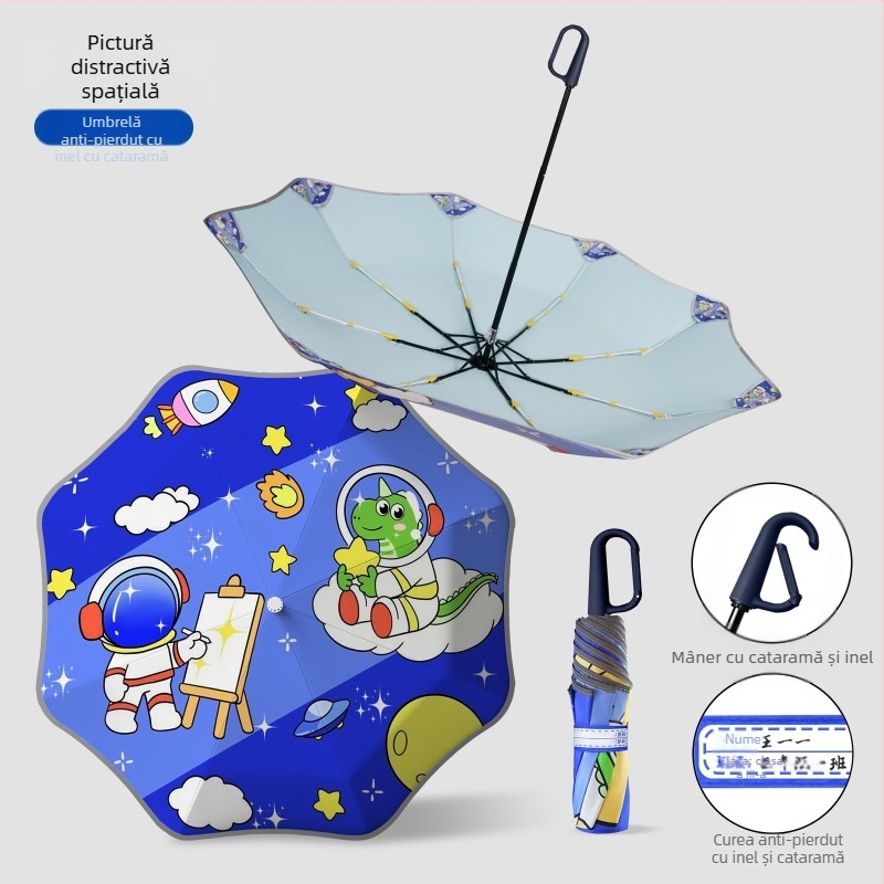 Umbrelă pentru copii cu design animat și colțuri rotunjite, cataramă pentru nume și geantă pentru umbrelă, bandă reflectorizantă de siguranță (deschidere manuală; 8 spițe; trei secțiuni; material din țesătură de impact; mâner din aluminiu)