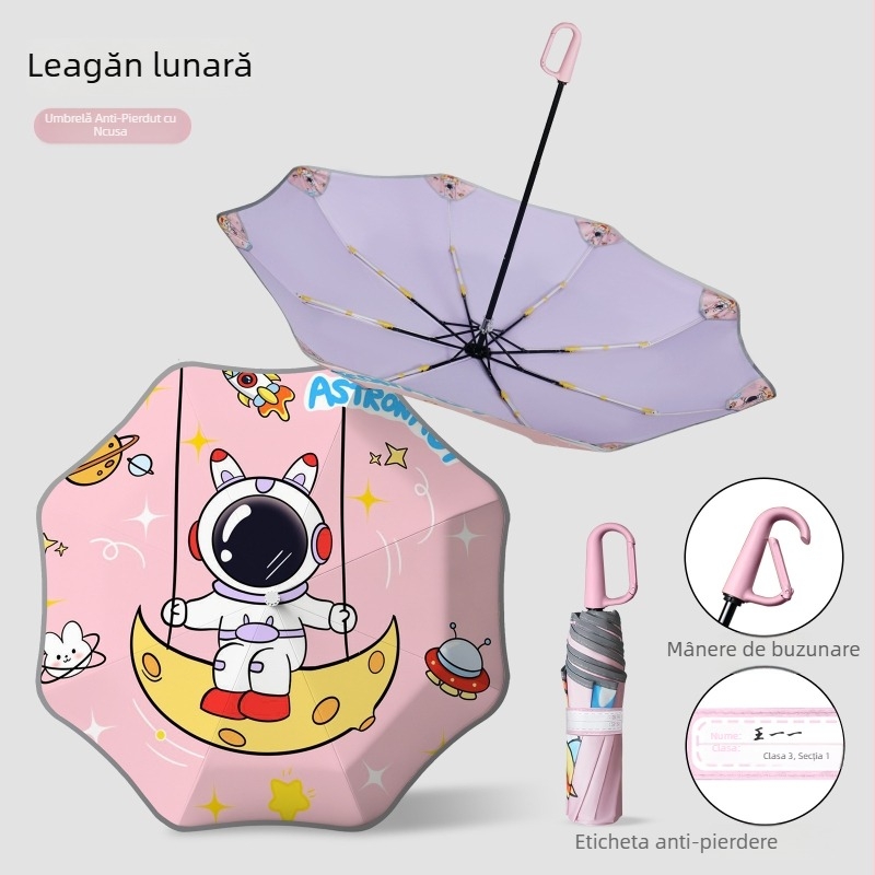 Umbrelă pentru copii cu design animat și colțuri rotunjite, cataramă pentru nume și geantă pentru umbrelă, bandă reflectorizantă de siguranță (deschidere manuală; 8 spițe; trei secțiuni; material din țesătură de impact; mâner din aluminiu)