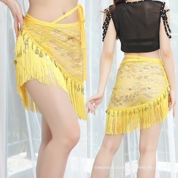 Fular de șold Belly Dance cu ciucuri și paiete, țesătură plasă, 90% poliester, design cu ciucuri și paiete, închidere prin șnur