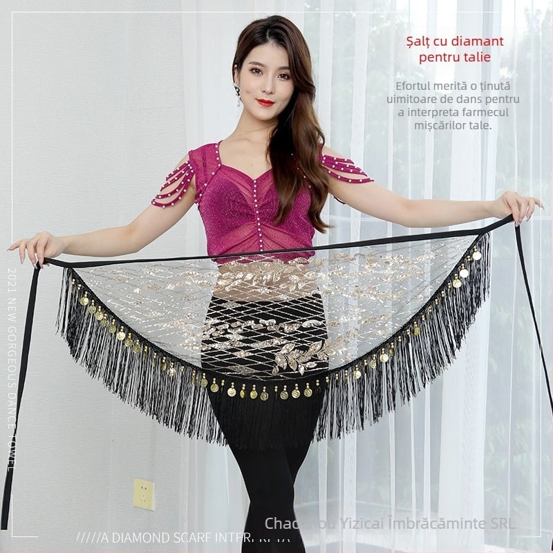 Fular de șold Belly Dance cu ciucuri și paiete, țesătură plasă, 90% poliester, design cu ciucuri și paiete, închidere prin șnur