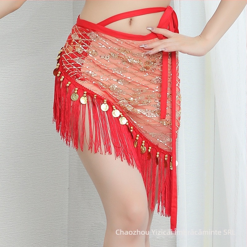 Fular de șold Belly Dance cu ciucuri și paiete, țesătură plasă, 90% poliester, design cu ciucuri și paiete, închidere prin șnur