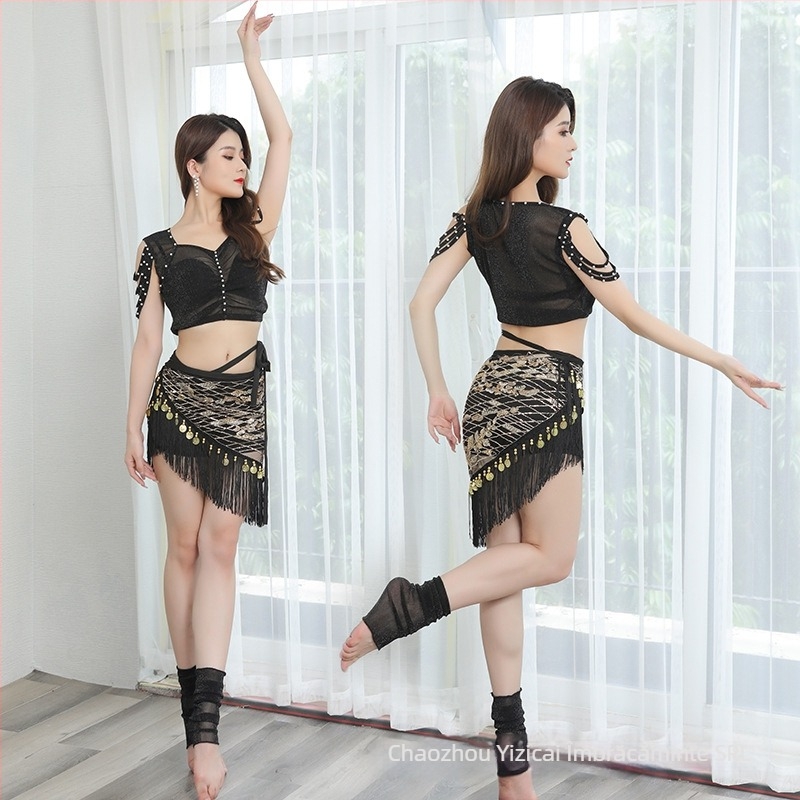 Fular de șold Belly Dance cu ciucuri și paiete, țesătură plasă, 90% poliester, design cu ciucuri și paiete, închidere prin șnur