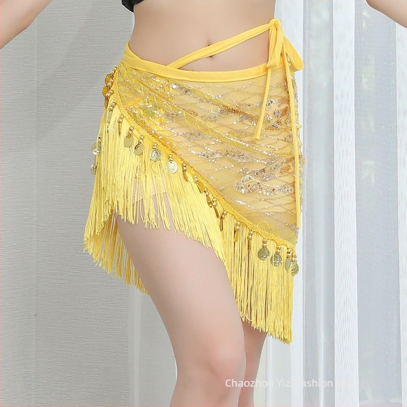 Fular de șold Belly Dance cu ciucuri și paiete, țesătură plasă, 90% poliester, design cu ciucuri și paiete, închidere prin șnur