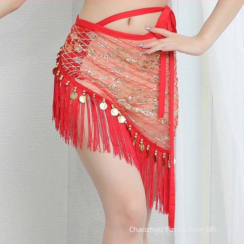 Fular de șold Belly Dance cu ciucuri și paiete, țesătură plasă, 90% poliester, design cu ciucuri și paiete, închidere prin șnur