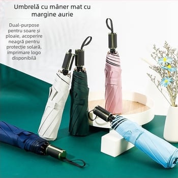 Umbrelă promoțională pliabilă pentru soare și ploaie, cu 8 brațe, țesătură poliester 190T, deschidere manuală, greutate 350 g, imprimare logo și personalizare