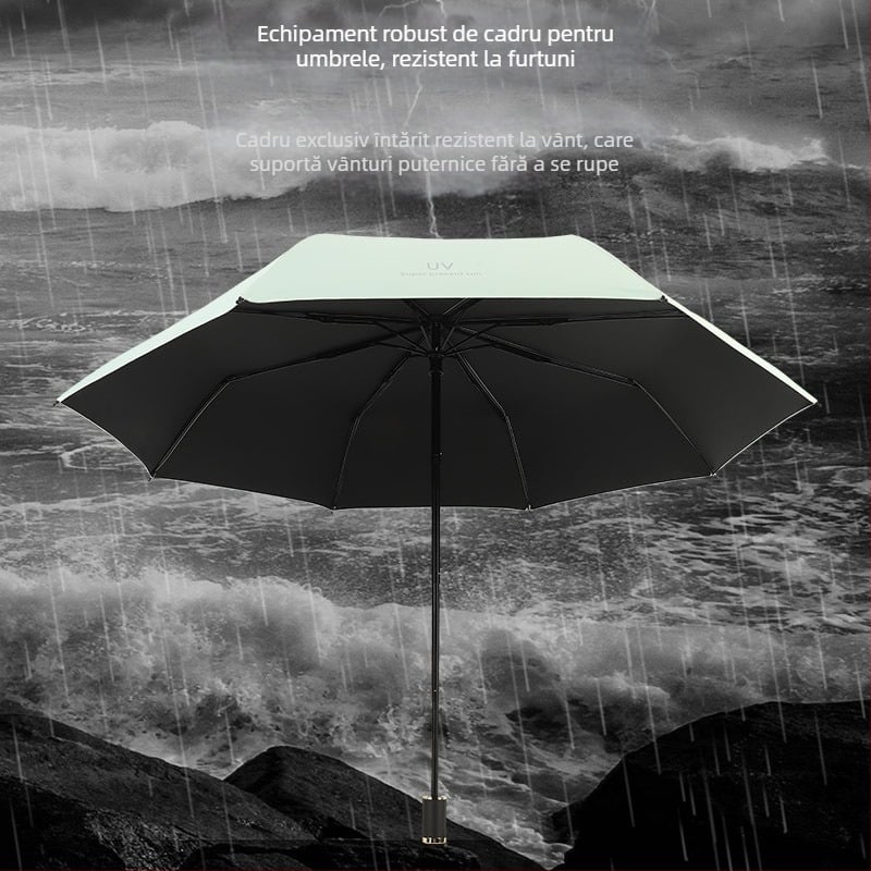 Umbrelă promoțională pliabilă pentru soare și ploaie, cu 8 brațe, țesătură poliester 190T, deschidere manuală, greutate 350 g, imprimare logo și personalizare