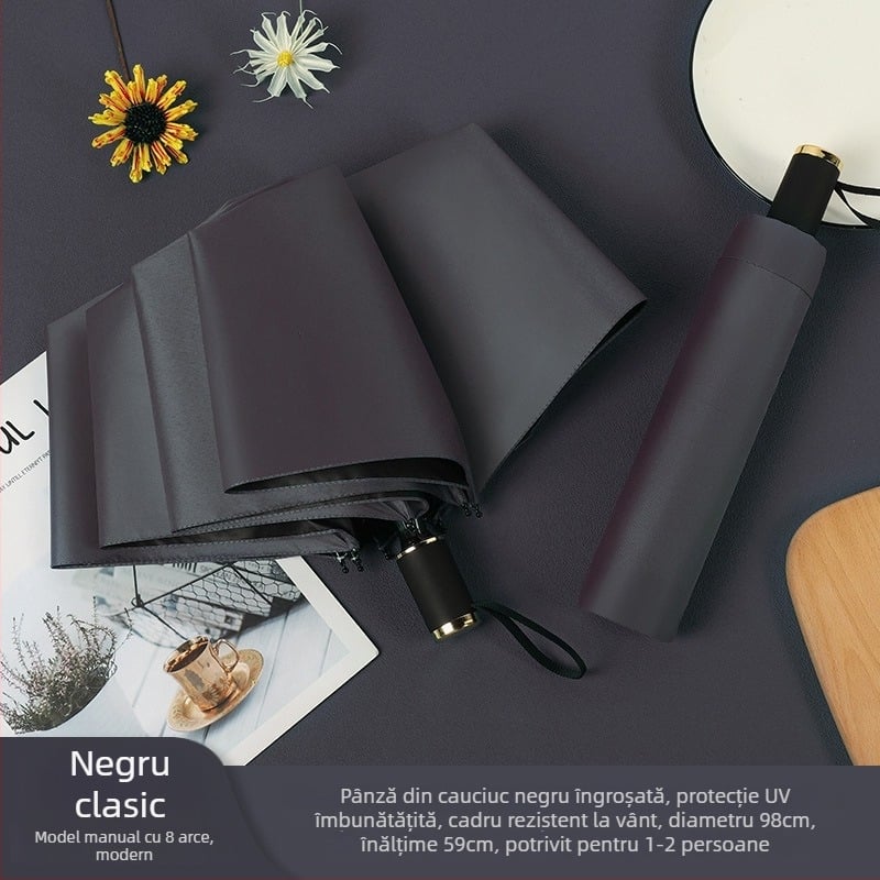 Umbrelă promoțională pliabilă pentru soare și ploaie, cu 8 brațe, țesătură poliester 190T, deschidere manuală, greutate 350 g, imprimare logo și personalizare