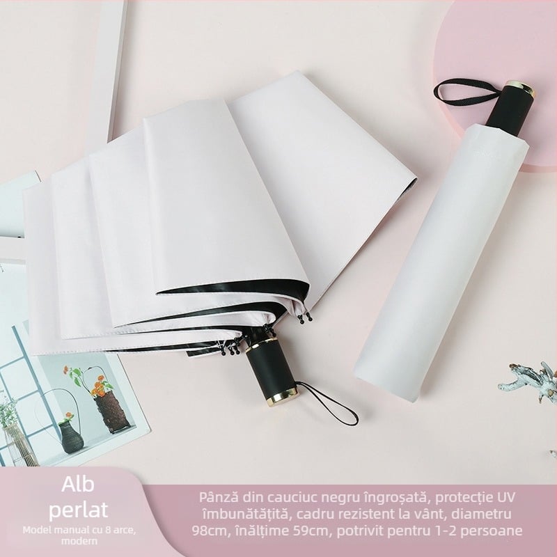 Umbrelă promoțională pliabilă pentru soare și ploaie, cu 8 brațe, țesătură poliester 190T, deschidere manuală, greutate 350 g, imprimare logo și personalizare