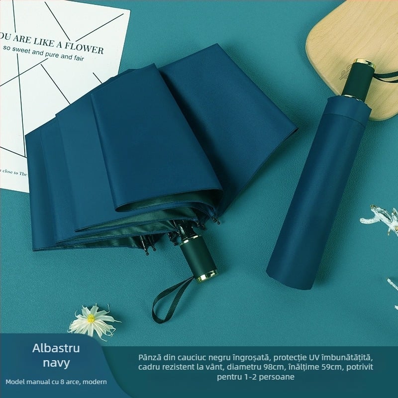 Umbrelă promoțională pliabilă pentru soare și ploaie, cu 8 brațe, țesătură poliester 190T, deschidere manuală, greutate 350 g, imprimare logo și personalizare