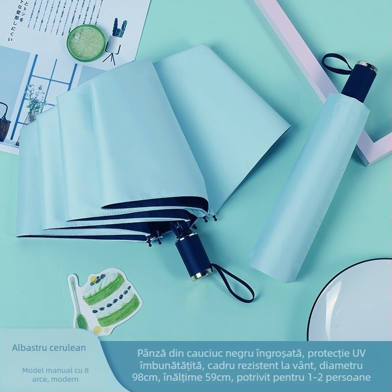 Umbrelă promoțională pliabilă pentru soare și ploaie, cu 8 brațe, țesătură poliester 190T, deschidere manuală, greutate 350 g, imprimare logo și personalizare