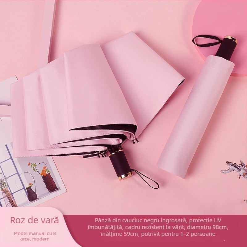 Umbrelă promoțională pliabilă pentru soare și ploaie, cu 8 brațe, țesătură poliester 190T, deschidere manuală, greutate 350 g, imprimare logo și personalizare