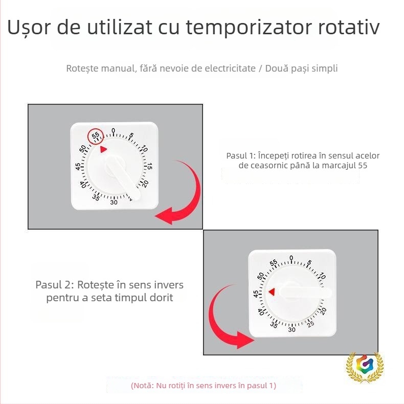 Cronometru mecanic pentru bucătărie – design pătrat, acționare manuală, afișaj cu indicator mecanic, cronograf