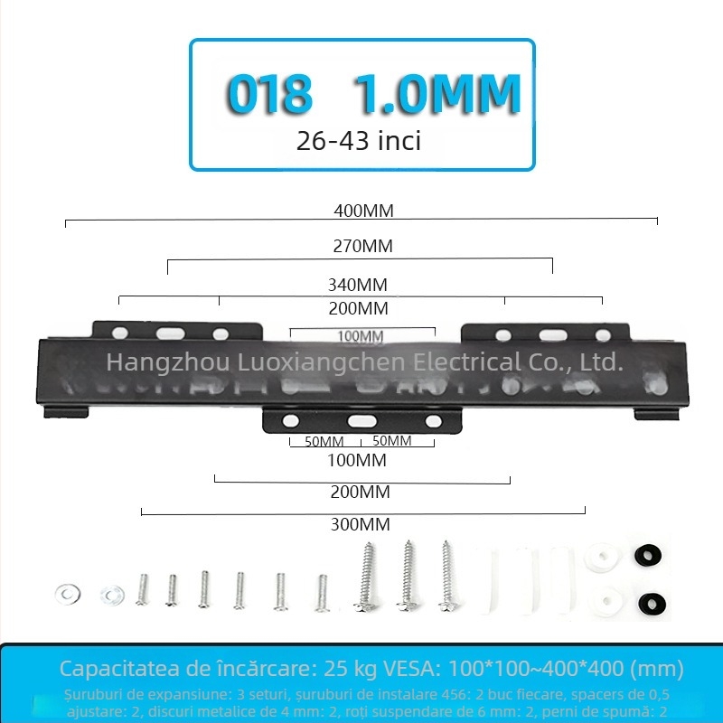 Suport TV universal montat pe perete – Model 019, din fier, capacitate 15 kg+, șuruburi incluse