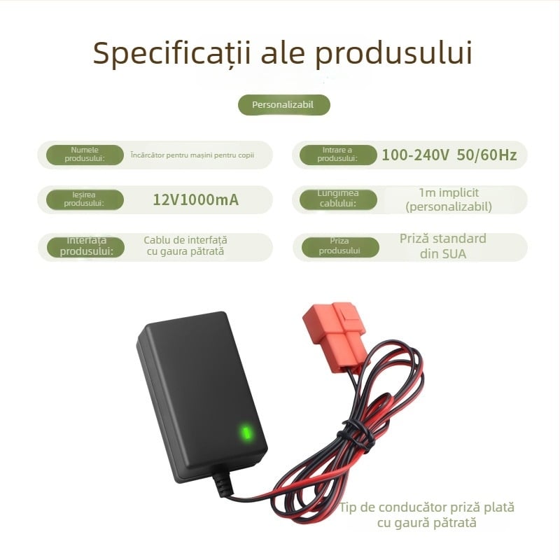 Încărcător pentru mașinuțe electrice pentru copii 6–12V, intrare AC 100–240V, ieșire 6–12V, 1A
