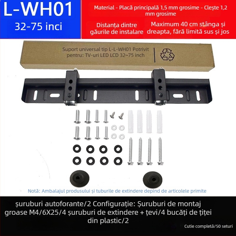 Suport universal de perete pentru televizor, cu două găuri, model L02, din fier, control mecanic, capacitate peste 15 kg