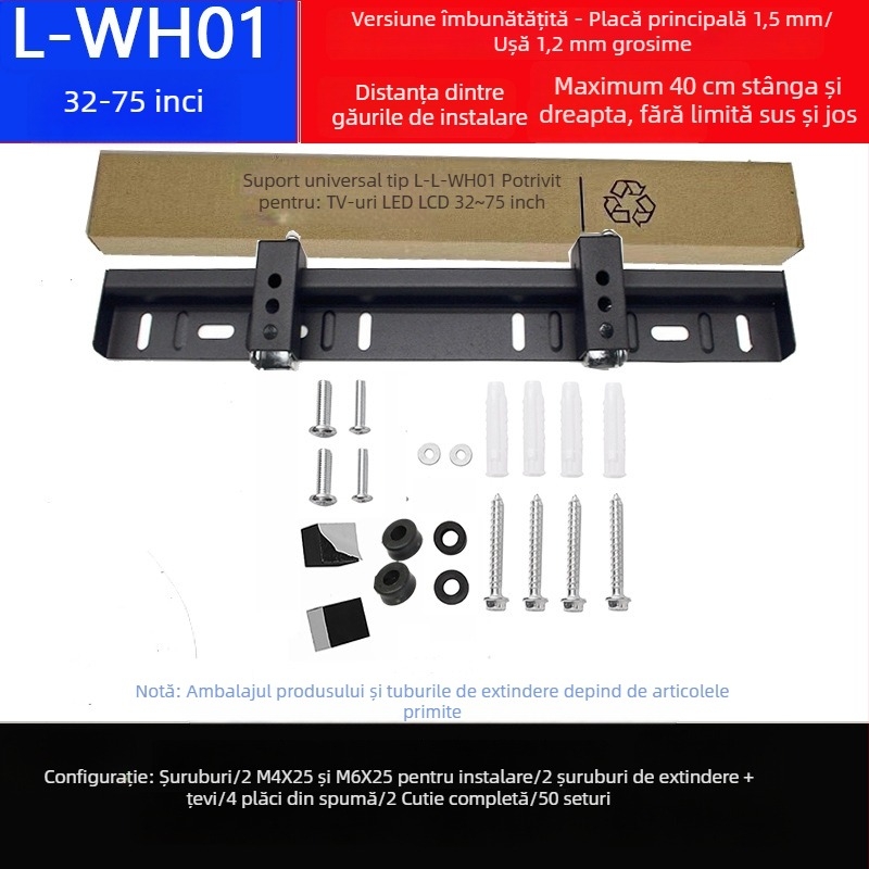 Suport universal de perete pentru televizor, cu două găuri, model L02, din fier, control mecanic, capacitate peste 15 kg