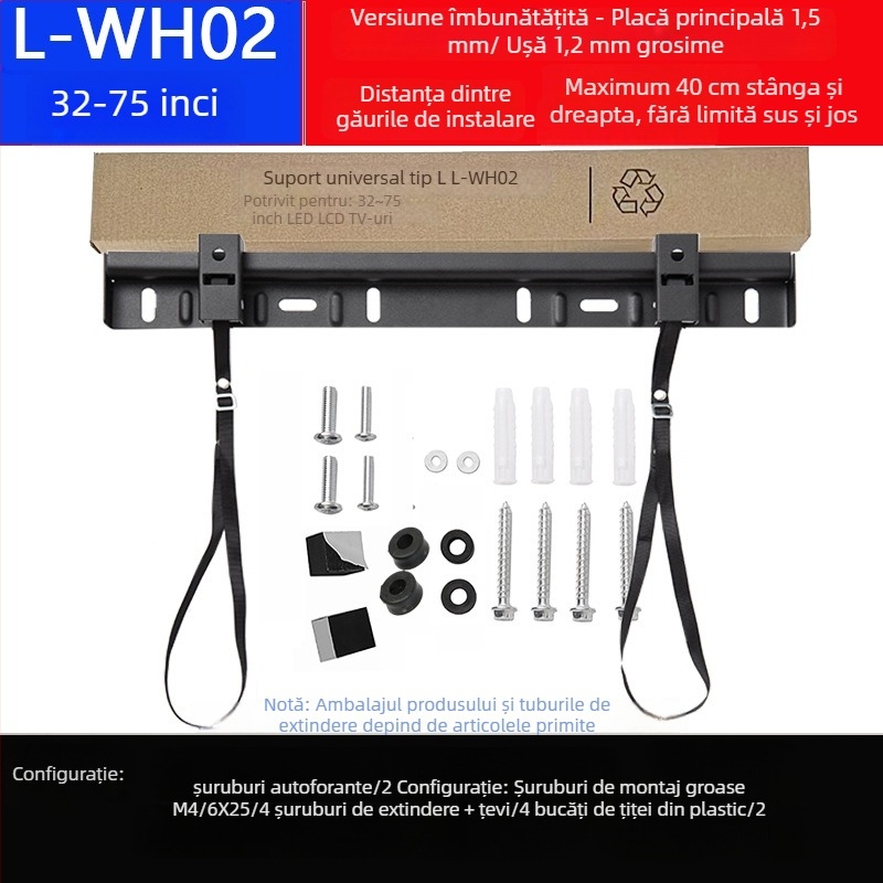 Suport universal de perete pentru televizor, cu două găuri, model L02, din fier, control mecanic, capacitate peste 15 kg