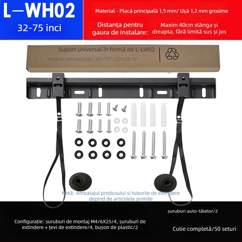 Suport universal de perete pentru televizor, cu două găuri, model L02, din fier, control mecanic, capacitate peste 15 kg