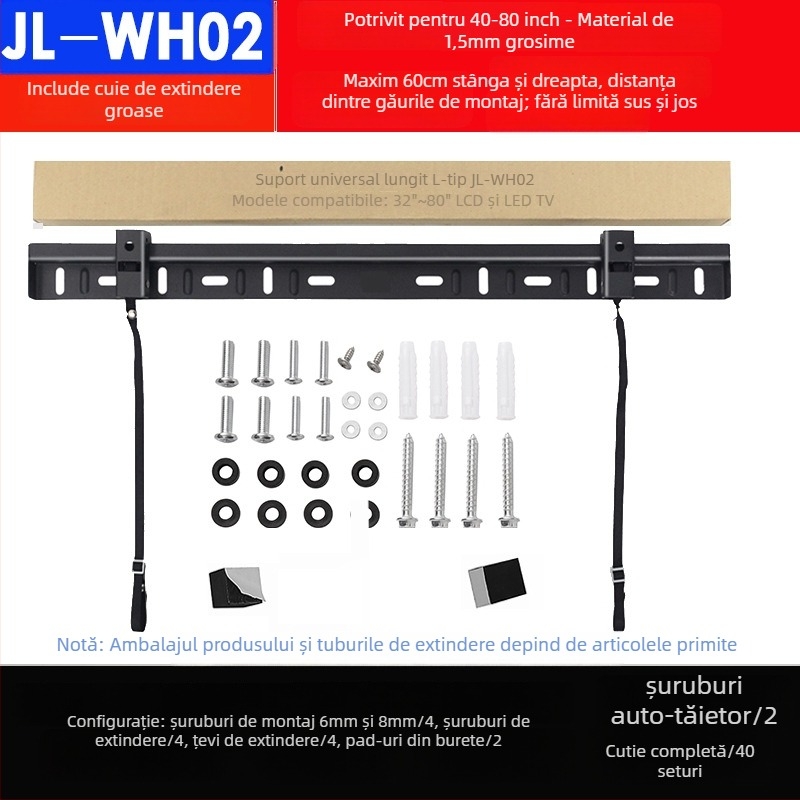 Suport universal de perete pentru televizor, cu două găuri, model L02, din fier, control mecanic, capacitate peste 15 kg