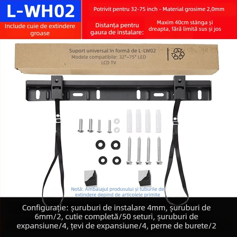 Suport universal de perete pentru televizor, cu două găuri, model L02, din fier, control mecanic, capacitate peste 15 kg