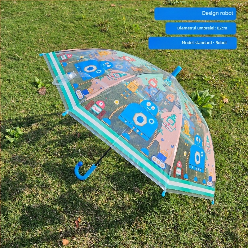 Umbrelă pentru copii cu design desen animat, cupolă transparentă, mâner lung, 8 arce, deschidere automată, imprimare logo