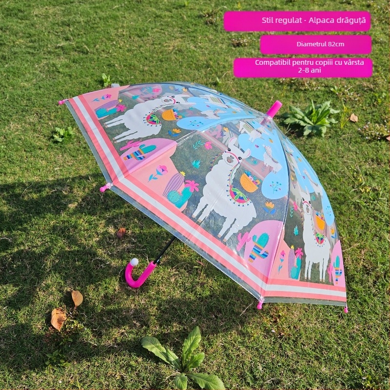Umbrelă pentru copii cu design desen animat, cupolă transparentă, mâner lung, 8 arce, deschidere automată, imprimare logo