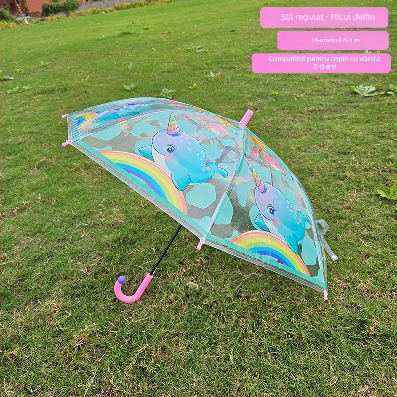 Umbrelă pentru copii cu design desen animat, cupolă transparentă, mâner lung, 8 arce, deschidere automată, imprimare logo