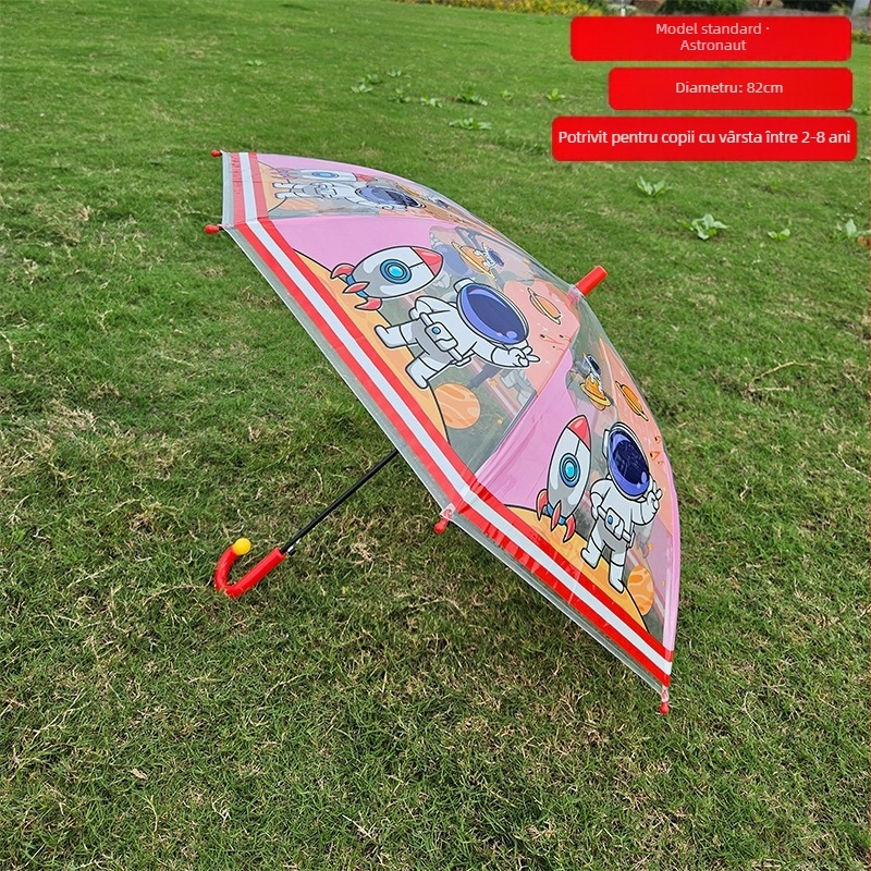 Umbrelă pentru copii cu design desen animat, cupolă transparentă, mâner lung, 8 arce, deschidere automată, imprimare logo
