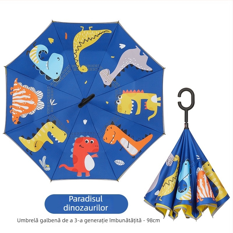 Umbrelă pentru copii cu mâner lung și design de desene animate, 8 arce, țesătură poliester 210T, tijă din oțel cu mâner din plastic