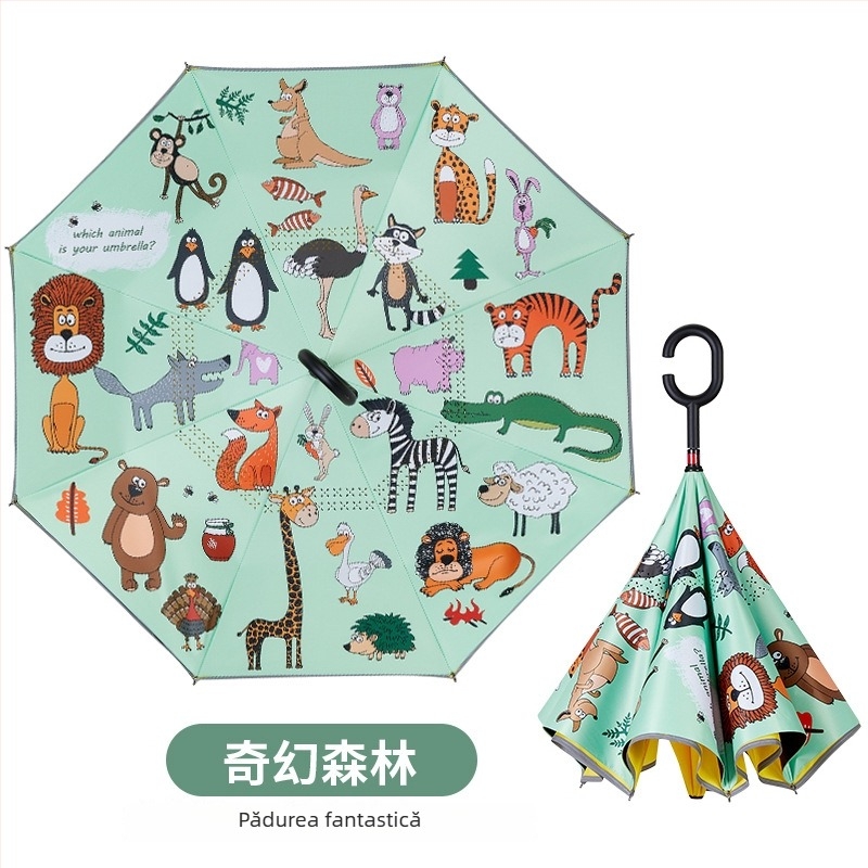 Umbrelă pentru copii cu mâner lung și design de desene animate, 8 arce, țesătură poliester 210T, tijă din oțel cu mâner din plastic